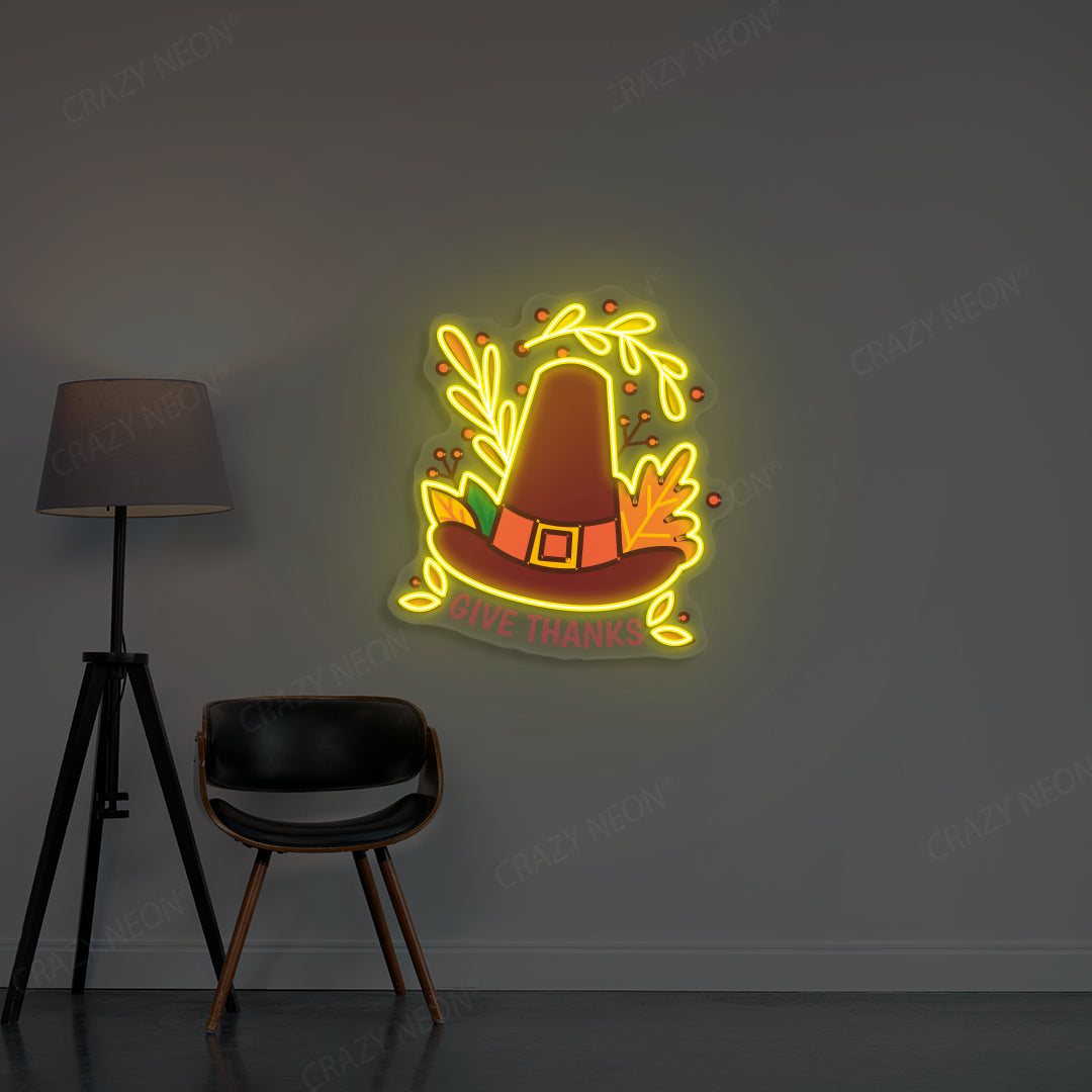 Pilgrim hat give thanks neon sign in yellow