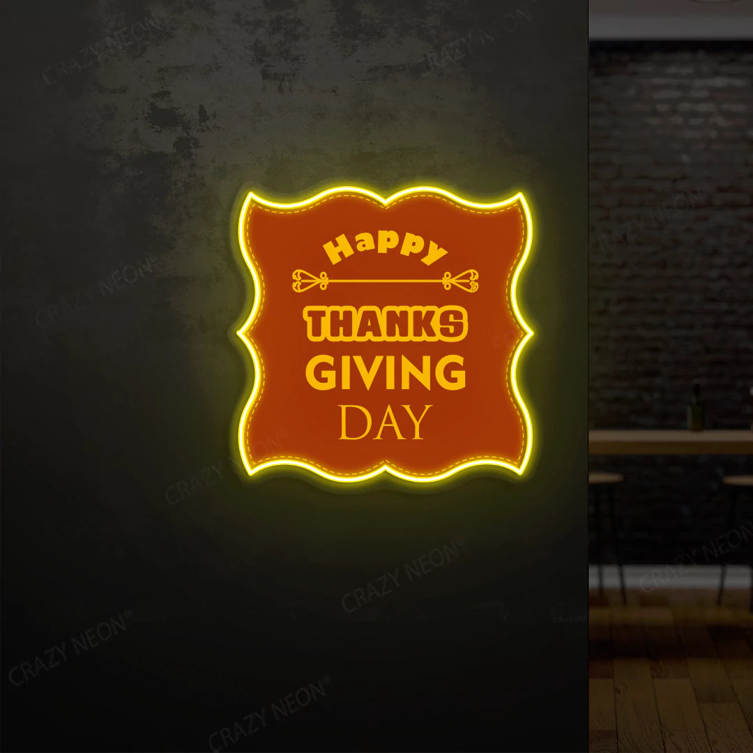 Grateful greetings happy thanksgiving day neon sign in yellow