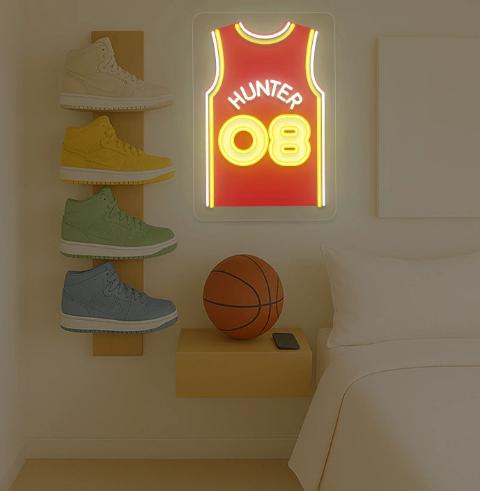 Atlanta basketball jersey neon sign with HUNTER 08 in yellow and red, bedroom decor with sneaker rack and basketball