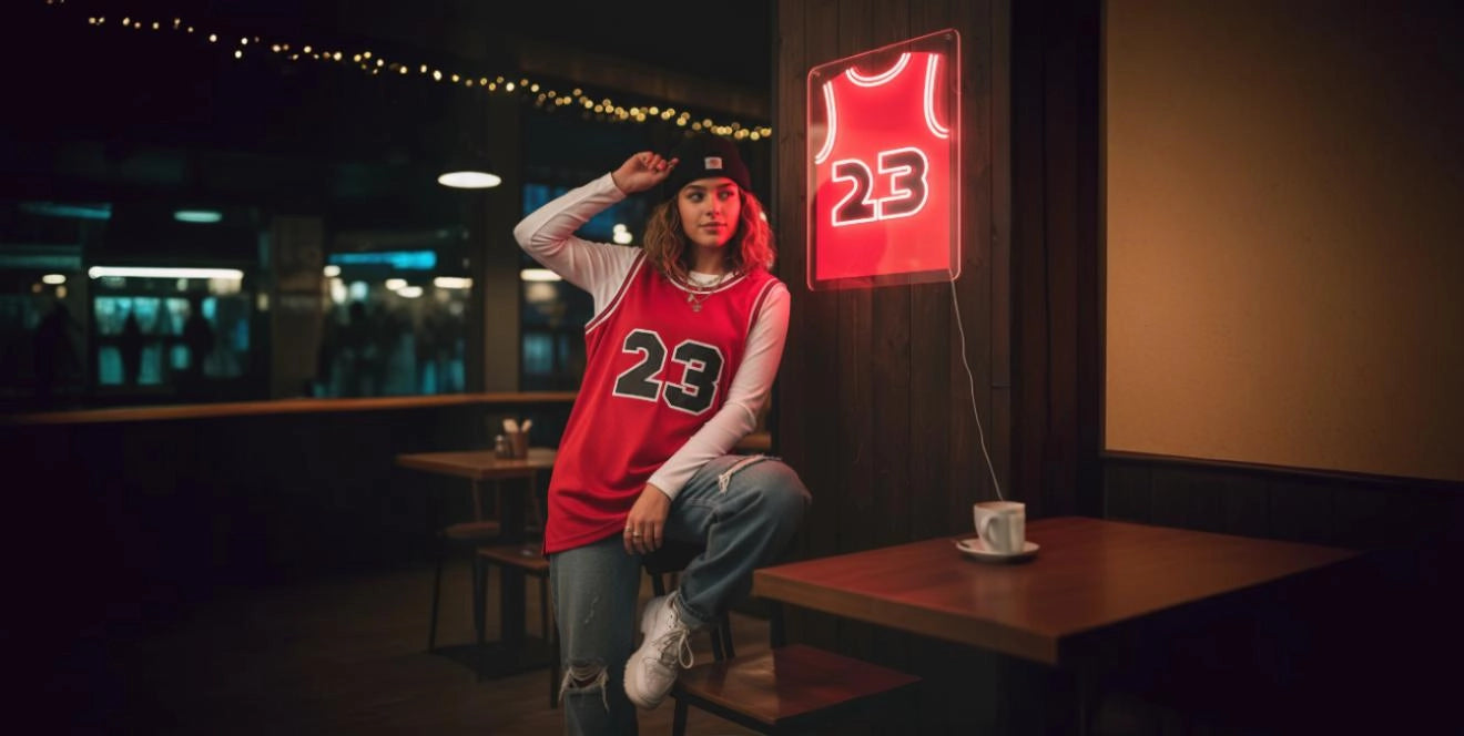 Woman in red Michael Jordan 23 basketball jersey and beanie posing beside matching red 23 neon jersey sign in cozy cafe