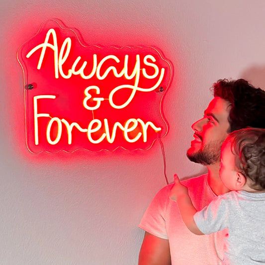 Always & Forever red neon sign wall decor with parent and child, inspirational family room lighting