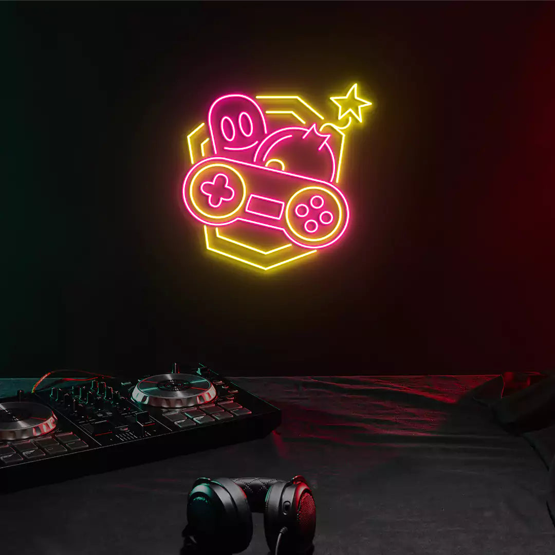 Retro Fun Game Controller Neon Sign in Pink and Yellow color mounted on wall