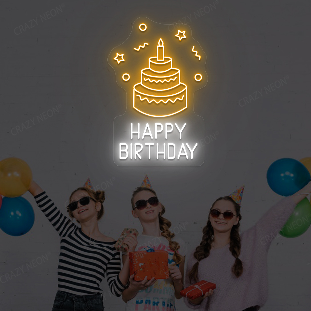 Happy Birthday Cake Neon Sign | Orange