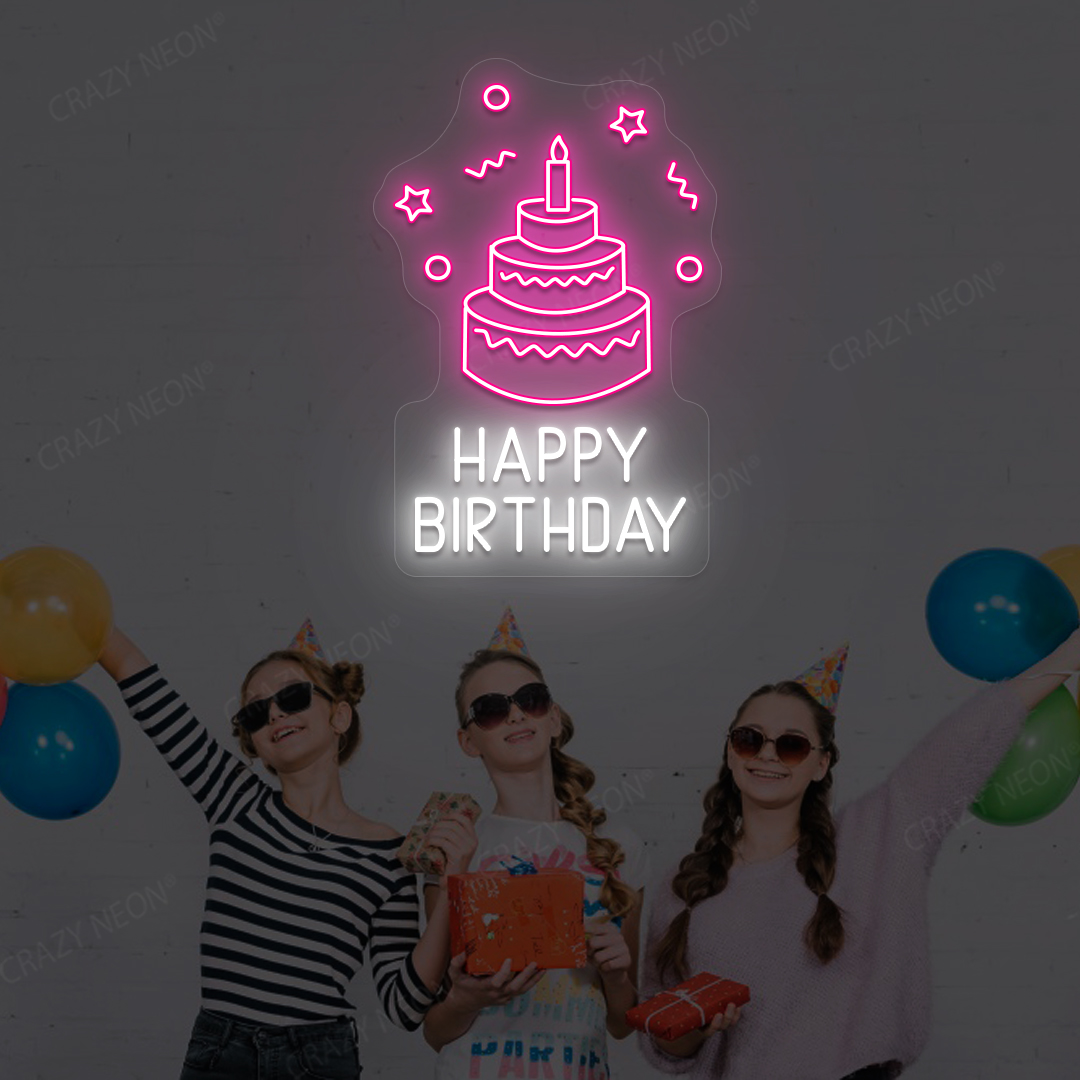 Happy Birthday Cake Neon Sign | Pink
