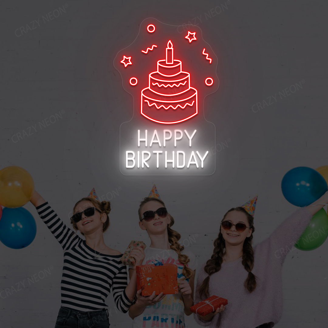 Happy Birthday Cake Neon Sign | Red