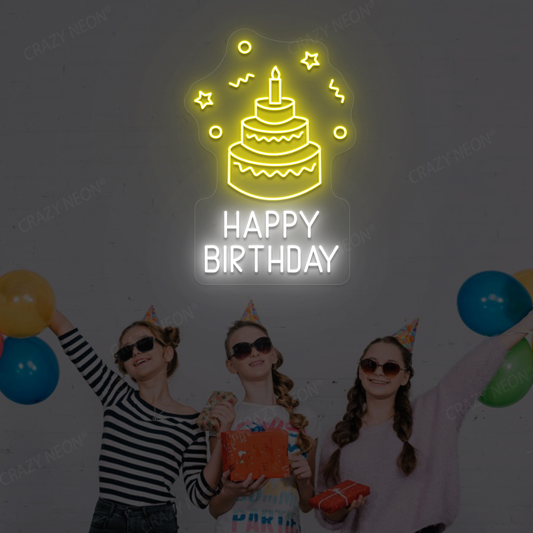Happy Birthday Cake Neon Sign | Yellow