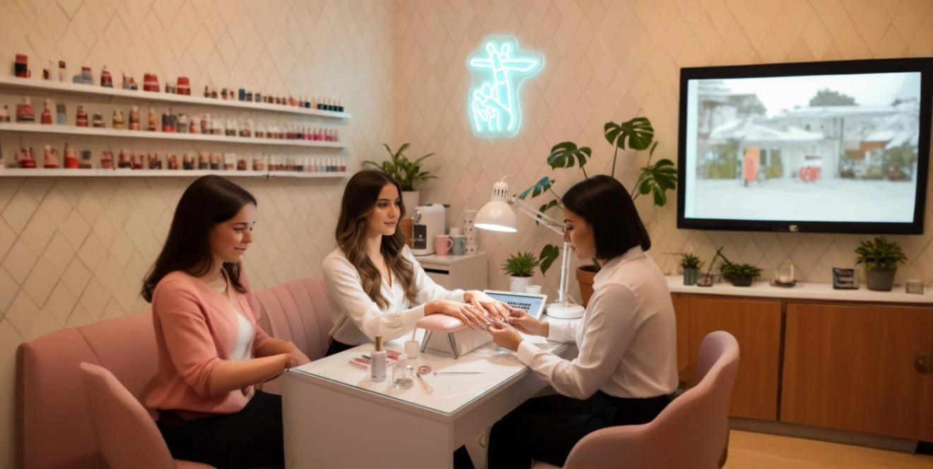 Three women at manicure table in modern nail salon with blue neon hand sign, pink seating, and wall polish display