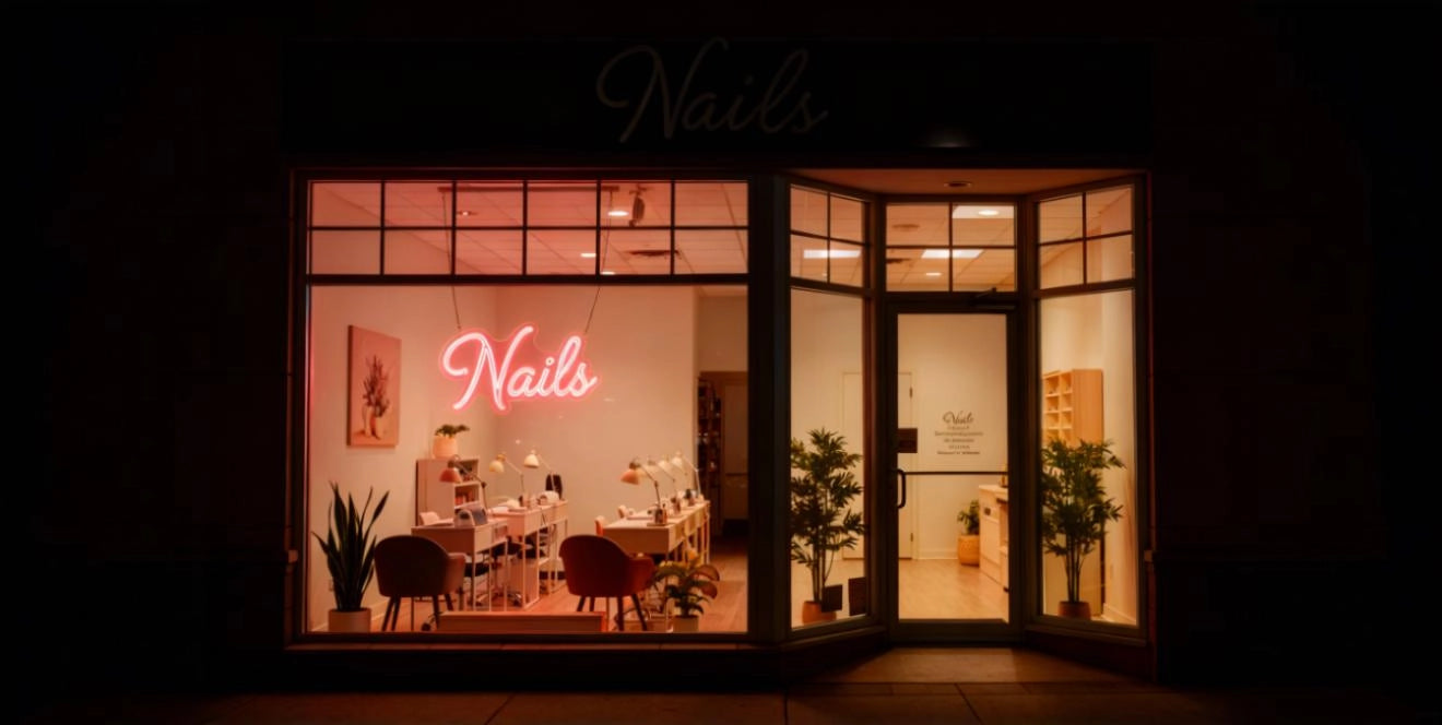 Pink Nails neon sign illuminated in modern nail salon with plants, chairs, and manicure stations at night