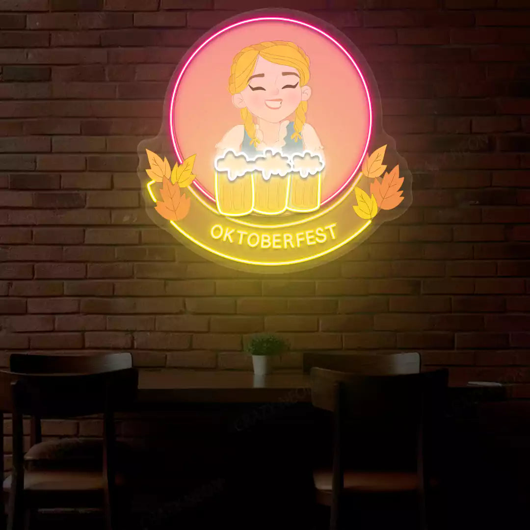 Oktoberfest Beer Girl Neon Sign | Yellow