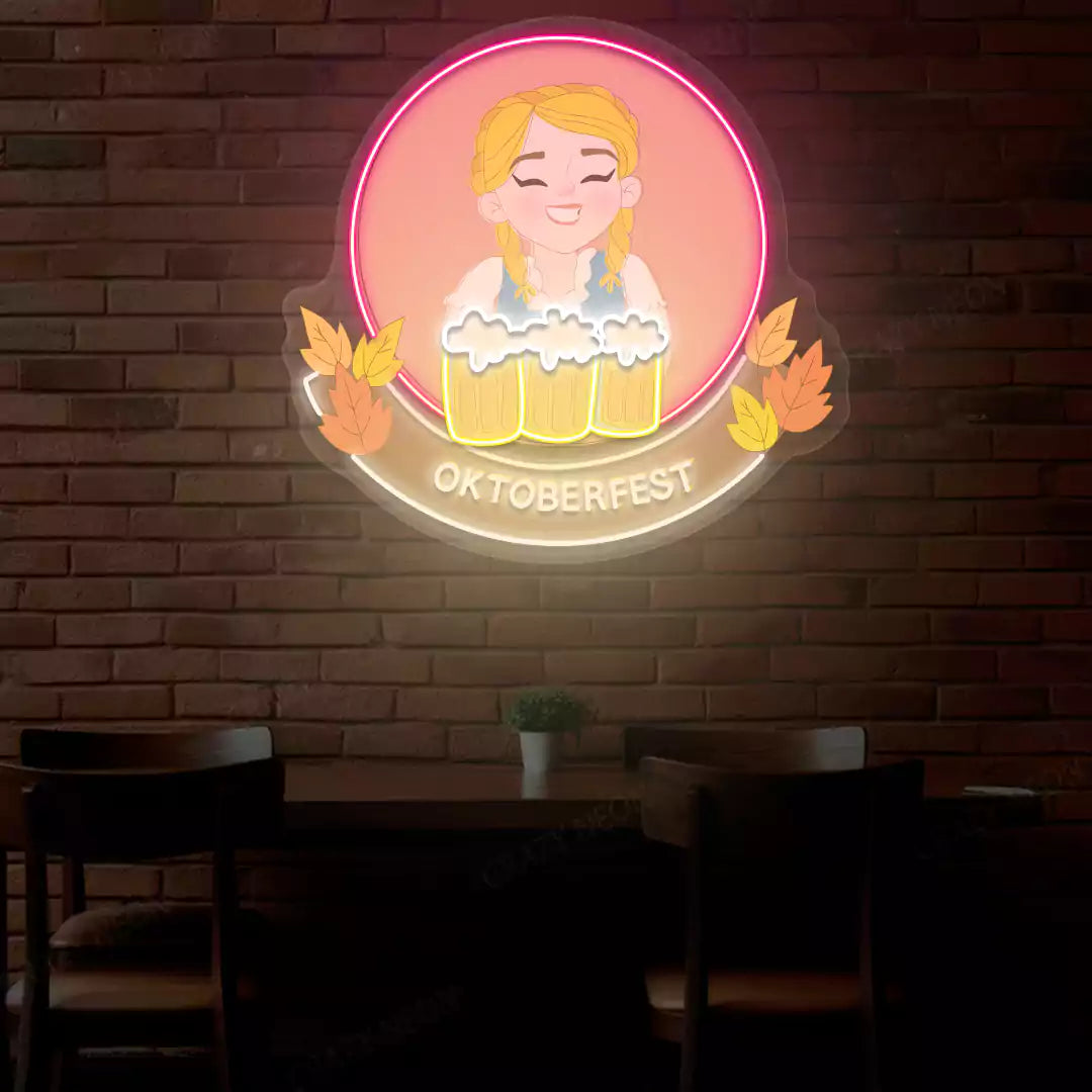 Oktoberfest Beer Girl Neon Sign | White