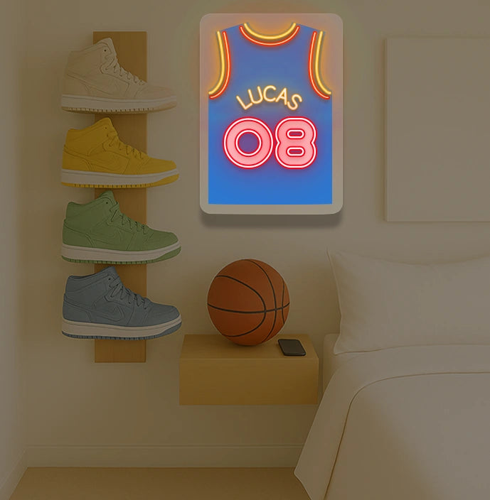 Oklahoma basketball jersey neon sign with LUCAS 08 in red and yellow, bedroom sneaker rack and basketball decor