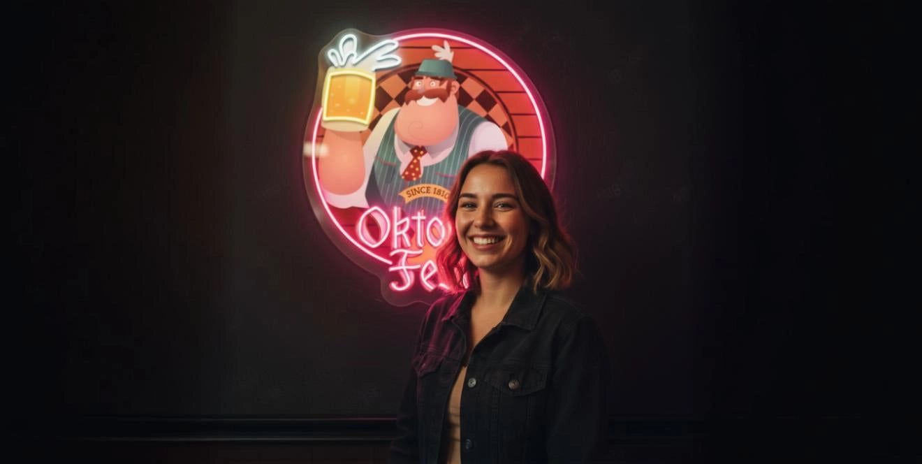 Woman standing in front of a neon Oktoberfest sign featuring a cartoon man holding a beer mug