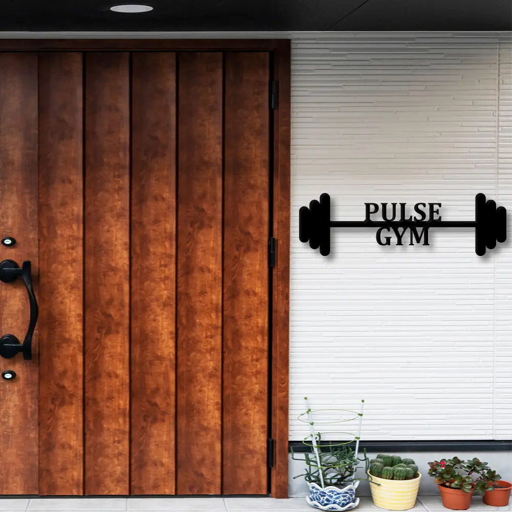 Personalized Barbell Rod Gym Metal Sign in Black colour mounted on wall