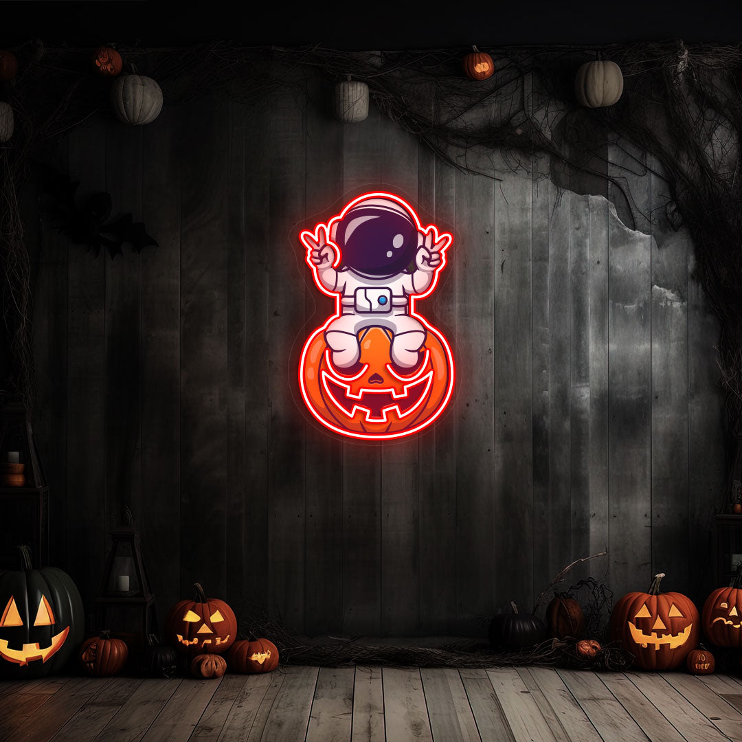 Astronaut On Pumpkin Neon Artwork | Red