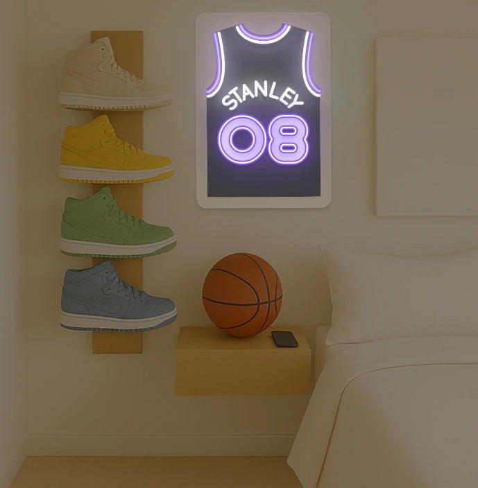 Sacramento basketball jersey neon sign with STANLEY 08 in purple and white, bedroom sneaker display and basketball decor
