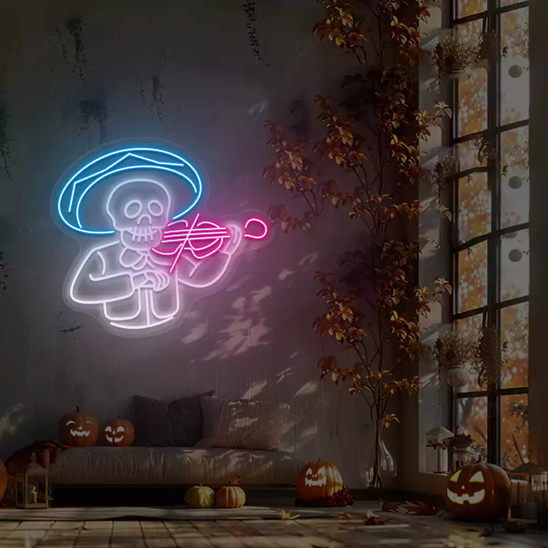 Mariachi Skeleton Neon Sign | Pink