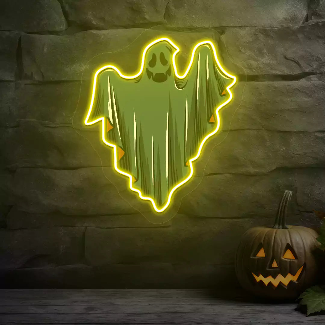 Ethereal Smiling Ghost Neon Artwork | Yellow