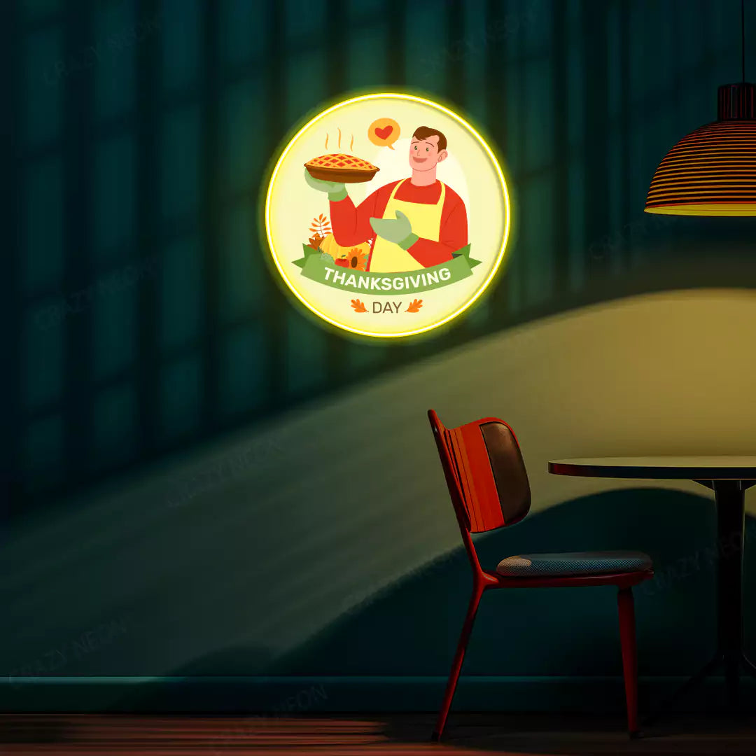 Thanksgiving chef with fresh baked pie neon sign in yellow