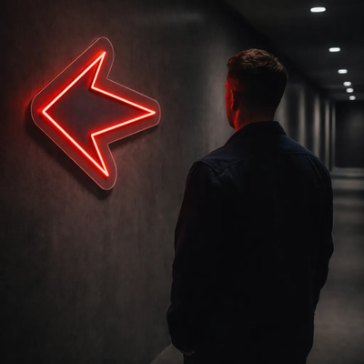 Red LED neon arrow wall sign pointing left, illuminated in a modern hallway interior.