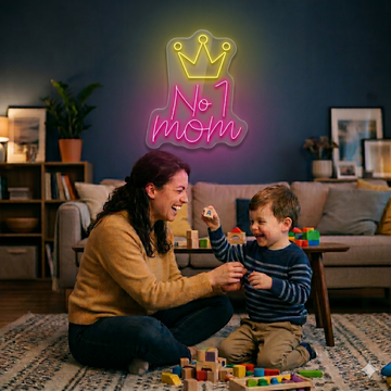 “No.1 Mom” neon sign with crown glowing in pink and yellow above a mother and child playing with toys in a cozy living room.
