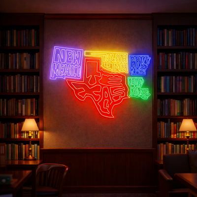 Multicolor map LED neon sign with state names, glowing on an indoor wall decor setup