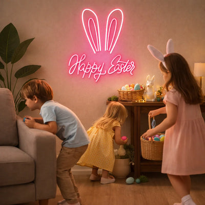 Happy Easter neon sign with bunny ears glowing pink above kids egg hunt indoors