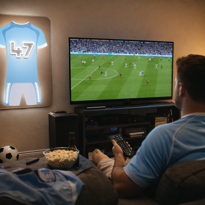 Blue soccer jersey LED wall sign with number 47 glowing in living room