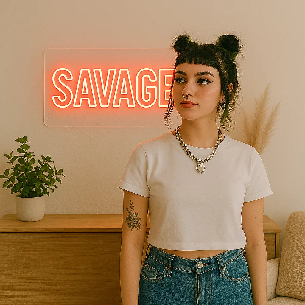 Stylish young woman standing in room with red Savage neon sign on wall