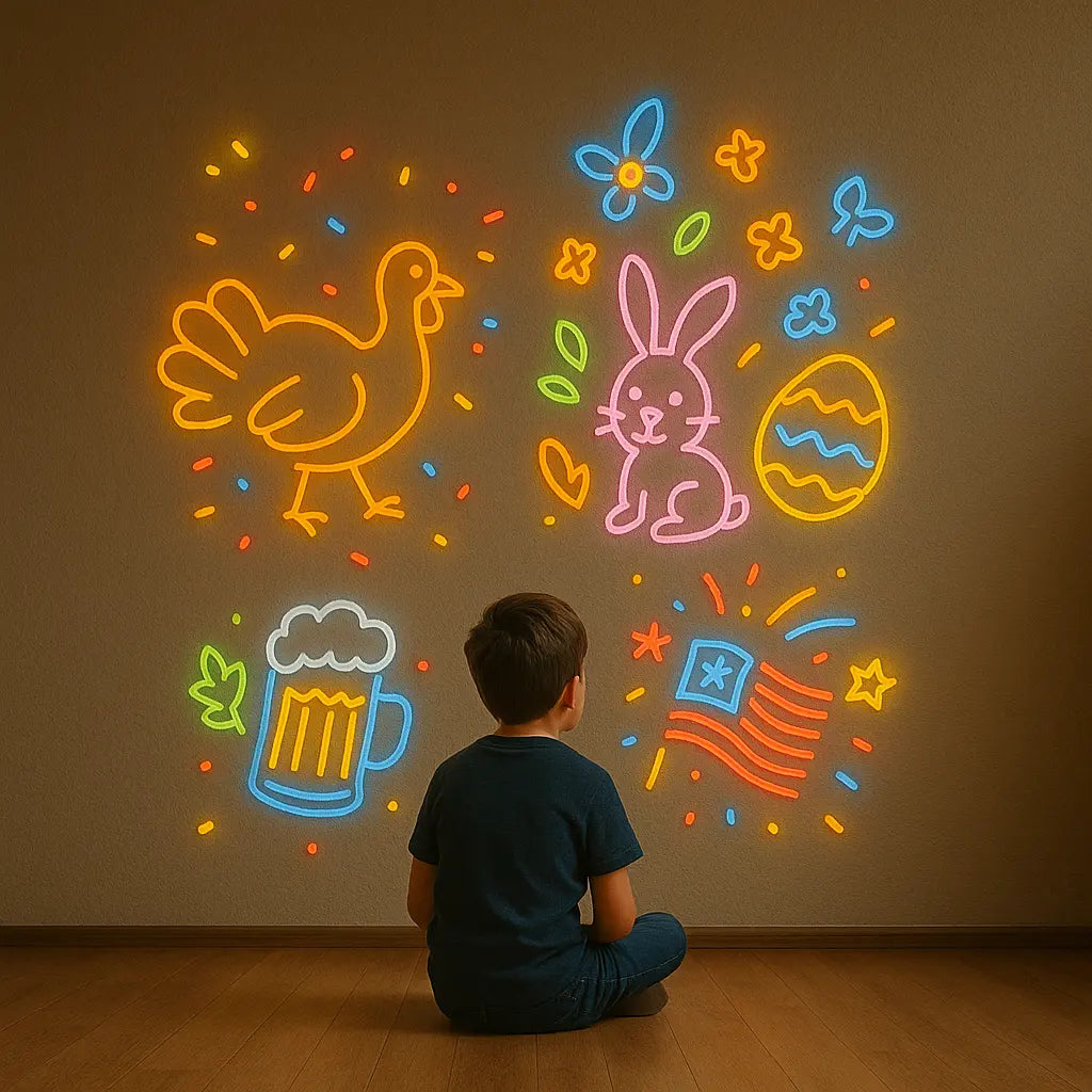 Child sitting and looking at colorful holiday neon wall art with turkey, bunny, beer mug, and American flag