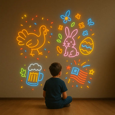 Child sitting and looking at colorful holiday neon wall art with turkey, bunny, beer mug, and American flag