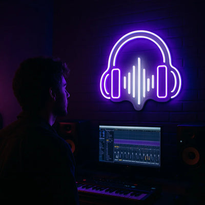 Headphones neon sign glowing purple above music studio workstation