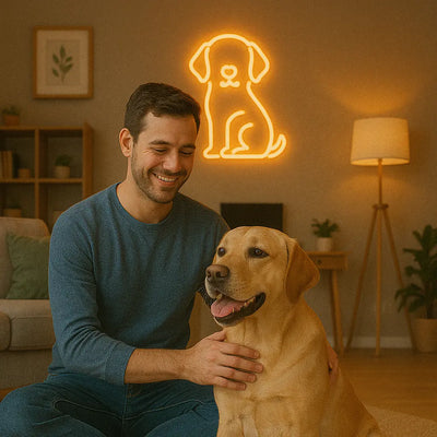 Man smiling and petting Labrador retriever under yellow dog neon light in cozy living room