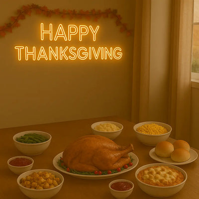 Thanksgiving dinner table with roasted turkey, side dishes, and Happy Thanksgiving neon sign on wall
