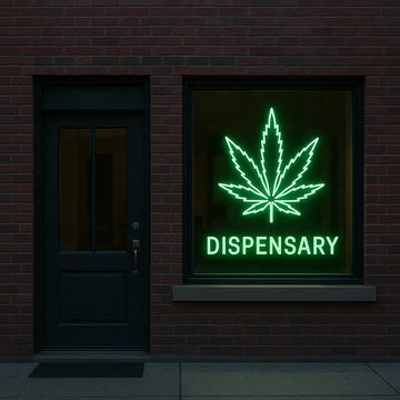 Green neon dispensary sign with cannabis leaf on brick storefront at night