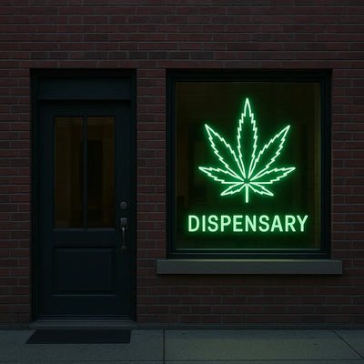 Green neon dispensary sign with cannabis leaf on brick storefront at night