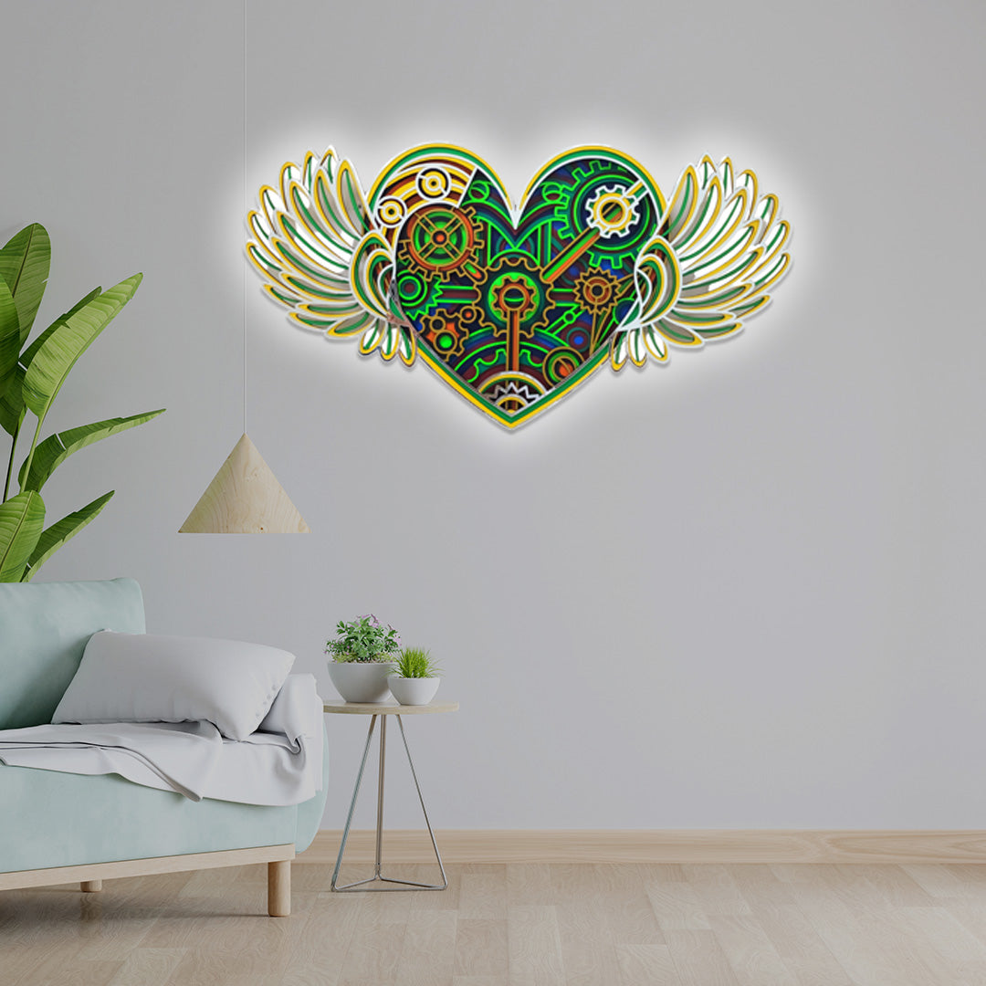 3D Gear Heart With Wings Mandala Art Wall Decor