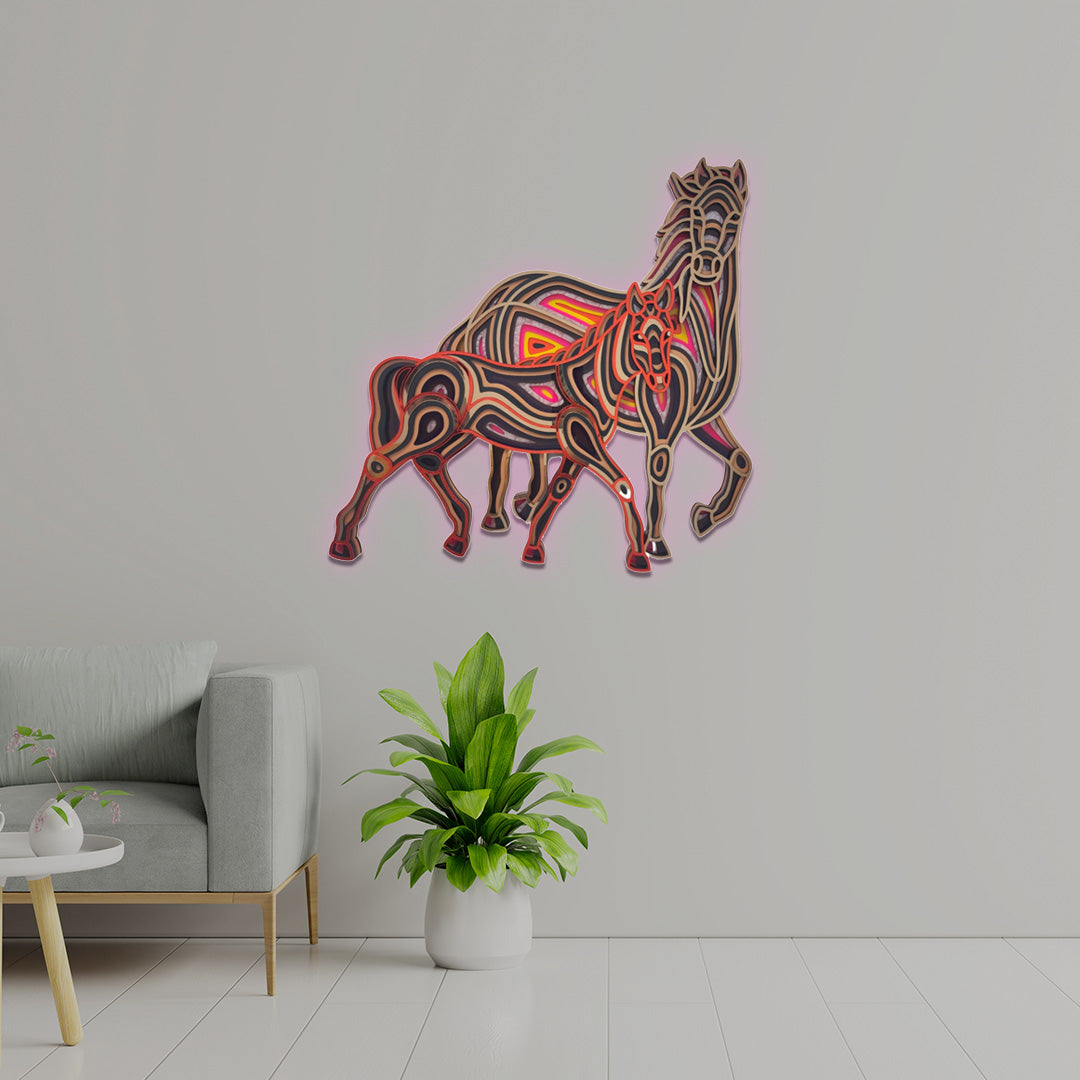 3D Horse And Foal Walking Mandala Art