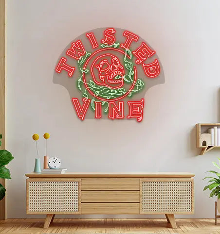 Twisted Vine neon sign with skull and vine design, wall decor in modern living room