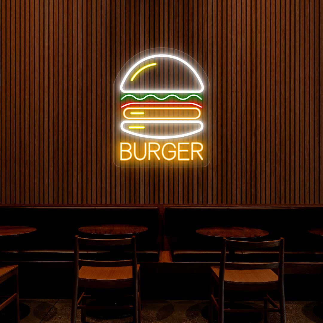 Burgers Fast Food LED Neon Sign - White & Red, 24" X 16", Plug-in Wall Decor For Home, Bar