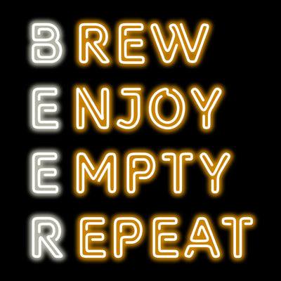 orange and white brew enjoy empty repeat bar neon sign mounted on a wall