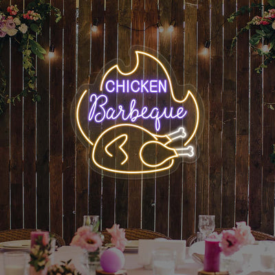 Chicken Barbeque neon sign in purple and orange with flame and chicken illustration, BBQ event wall decor