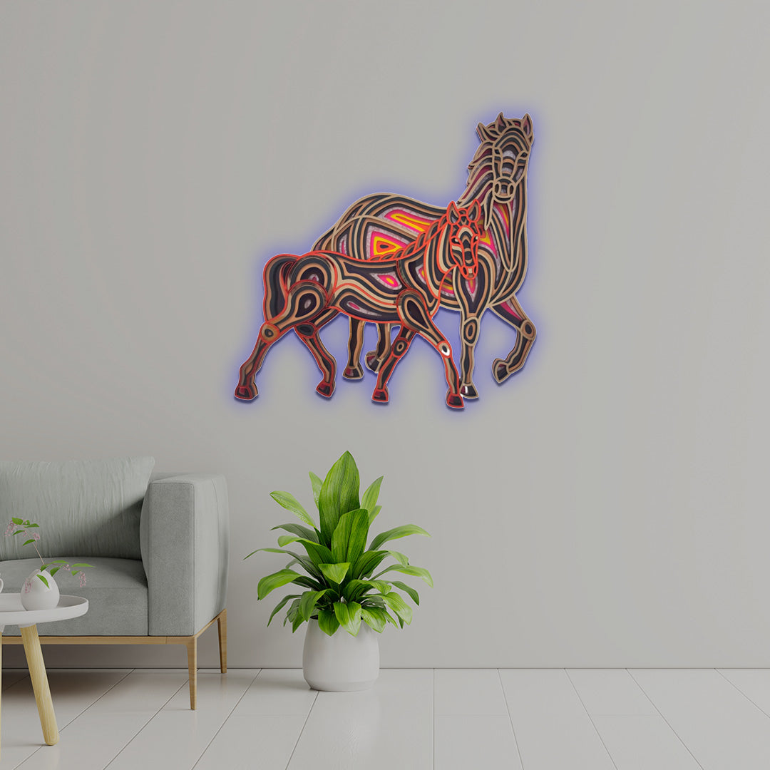 3D Horse And Foal Walking Mandala Art
