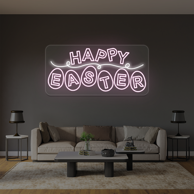 Happy Easter neon sign with eggs lettering in pink