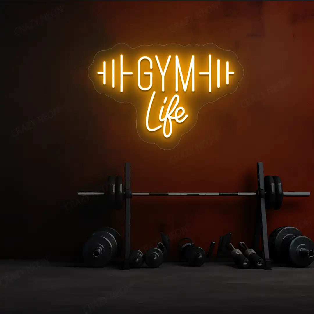 orange gym life neon sign mounted on a wall