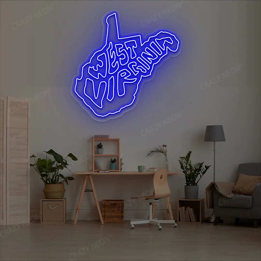 WEST VIRGINIA Map Neon Sign lighting up in blue color in a room