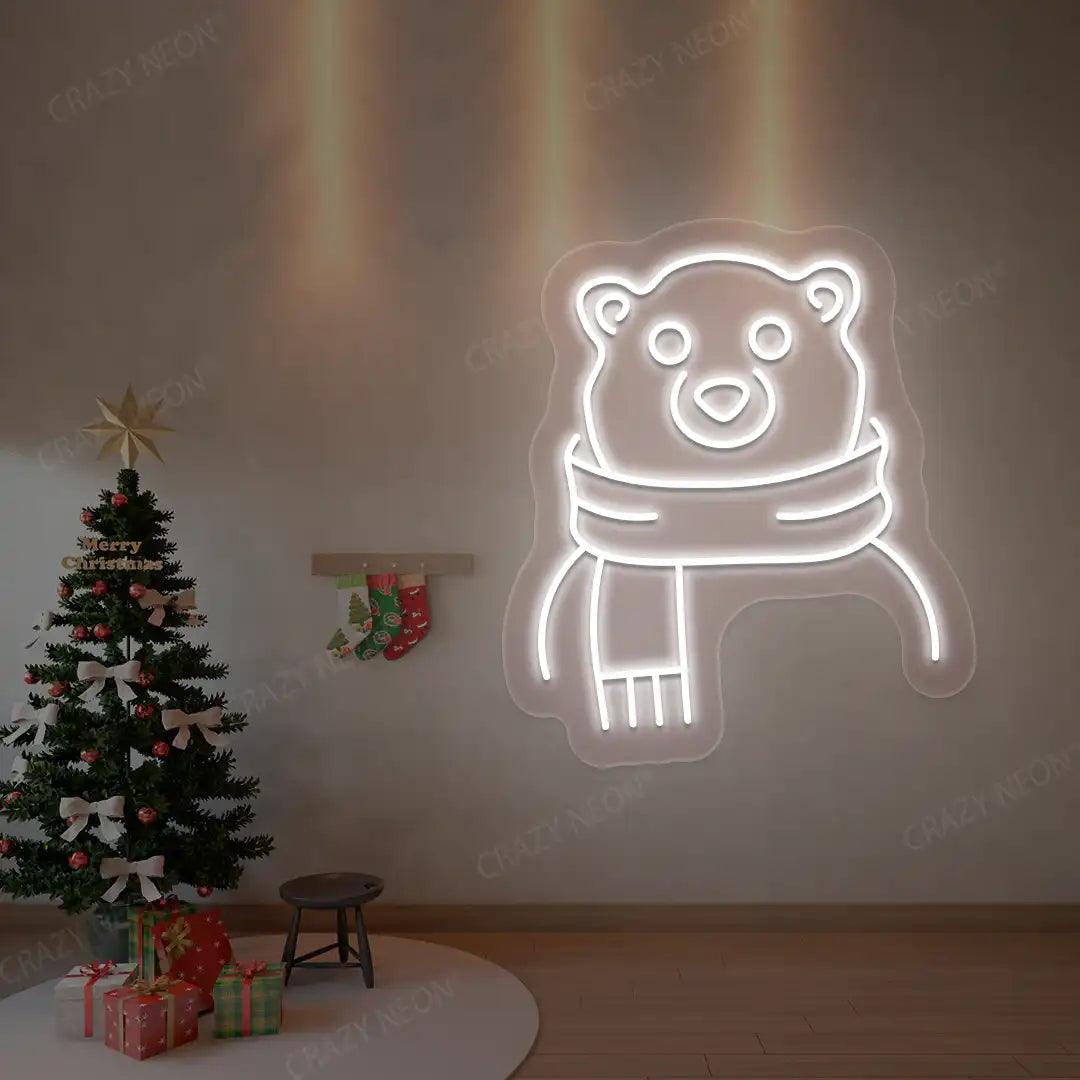 Scarfed Bear Neon Sign | White