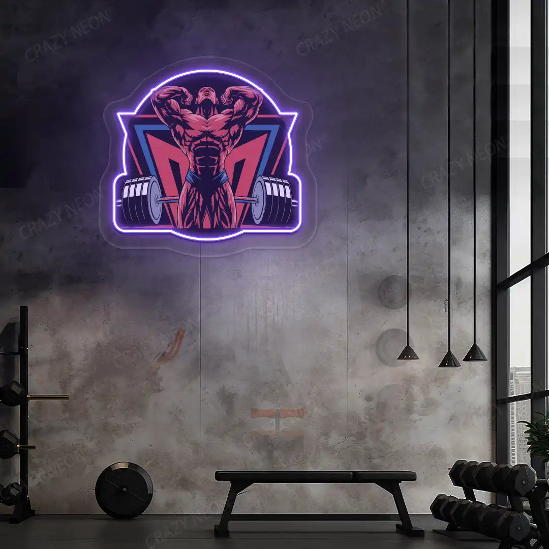 purple powerlifter era gym neon artwork mounted on a wall