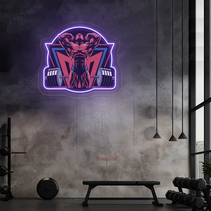 purple powerlifter era gym neon artwork mounted on a wall