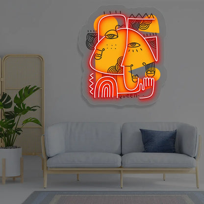 red golden muse abstract Neon Artwork Sign mounted on a wall