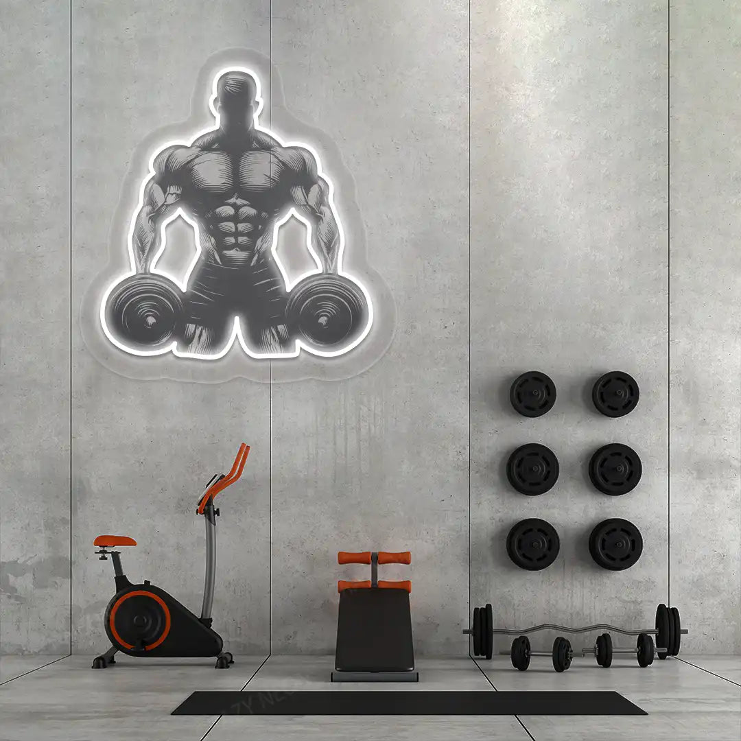 white muscle man dumbbell gym neon artwork mounted on a wall